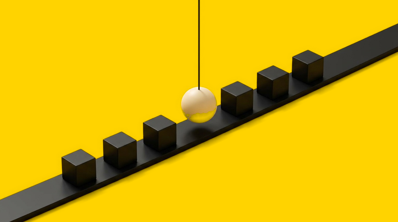 A row of identical black blocks on a path, with one ivory sphere lifted above the line where a thin cord meets it.