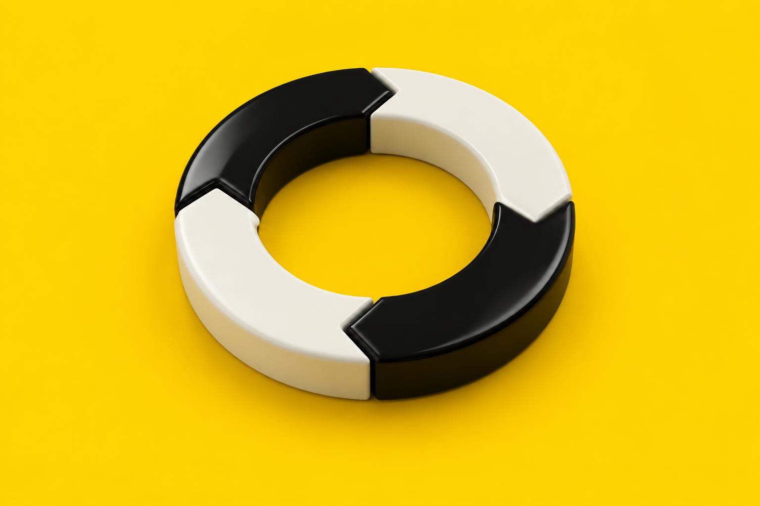 A four-part ring of alternating black and ivory segments forming a continuous loop: Sense, Reason, Act, Learn.
