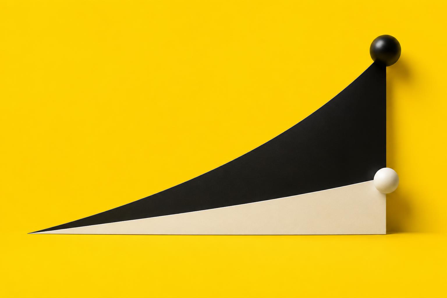 A widening wedge from one starting point: a black area rising steeply to a high black sphere and an ivory area rising gently to a much lower ivory sphere.