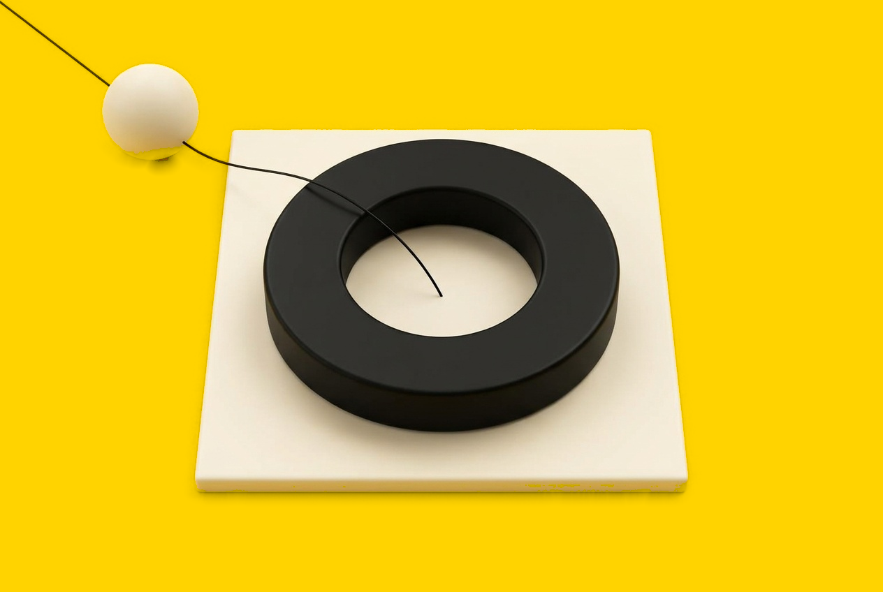 An ivory sphere arrives from an unexpected angle and joins a black ring representing a learning loop.